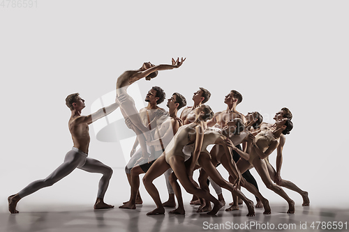 Image of The group of modern ballet dancers. Contemporary art ballet. Young flexible athletic men and women.