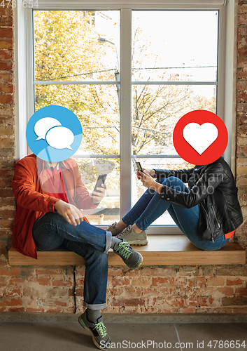 Image of Creative millenial people connecting and sharing social media. Modern UI icons as heads