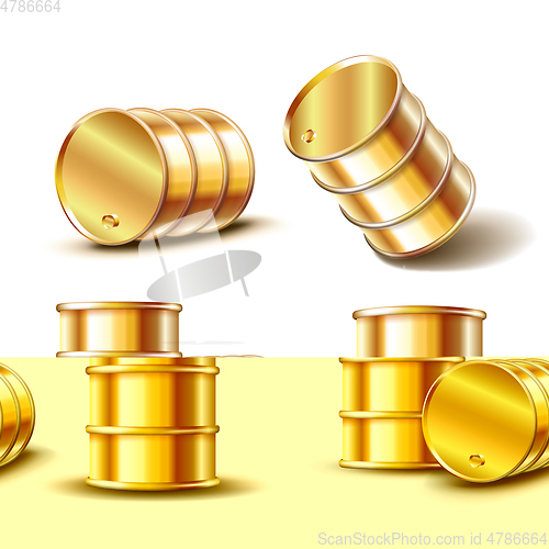 Image of Set of Golden metal oil barrel in different position isolated on white