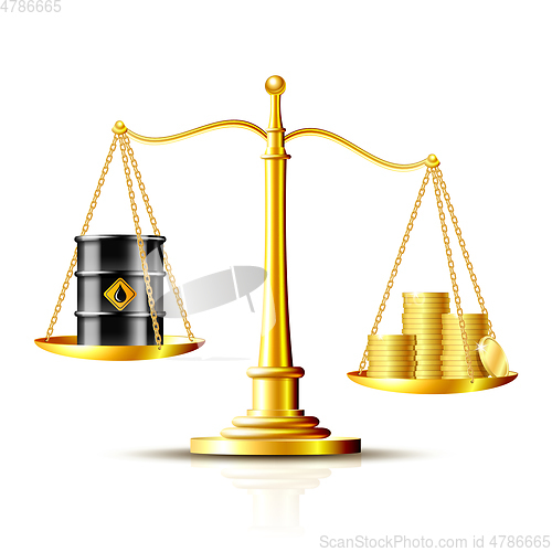 Image of Classic scales with an oil barrel and gold coins, on white background