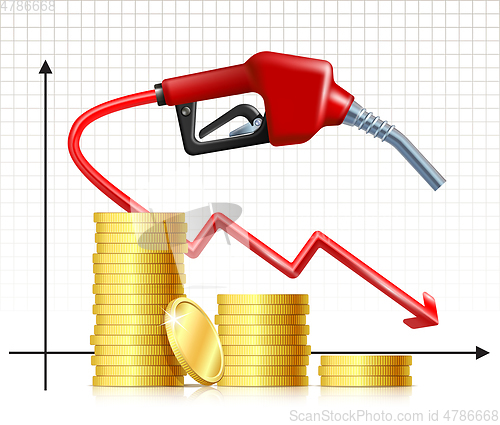 Image of Falling Price of Gas. Fuel handle pump nozzle with hose like price falling graph