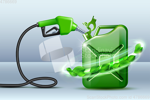 Image of Biofuel. Gas pump nozzle and Green jerrycan with green leaves. Biofuel concept.