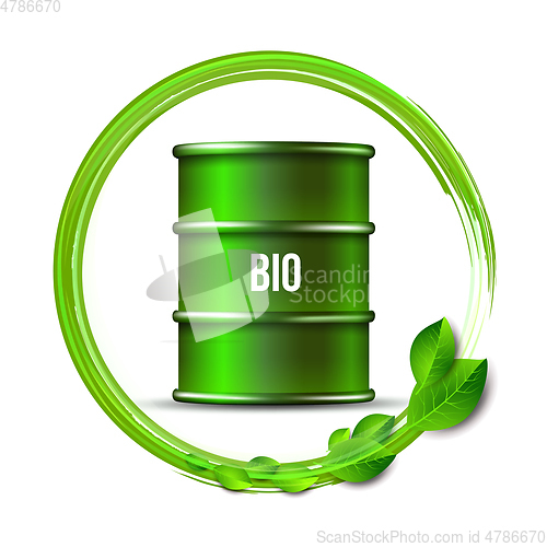 Image of Green barrel of biofuel with word BIO and green leaves isolated on white