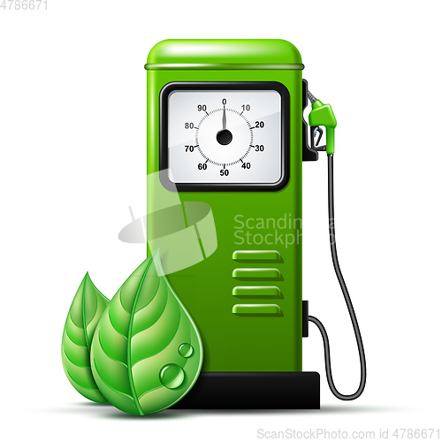 Image of Green bright Gas station pump with fuel nozzle of petrol pump. Biofuel concept