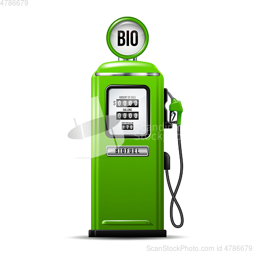 Image of Green bright Gas station pump with fuel nozzle of petrol pump. Biofuel concept