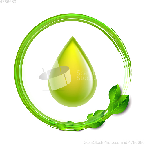 Image of Green glossy drop with green leaves isolated on white background, environment conceptual design.