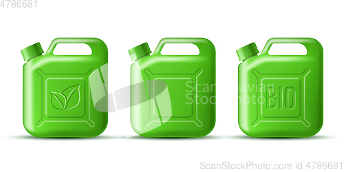 Image of Set of Green Gasoline jerrycan with leaf symbol and BIO word isolated on white