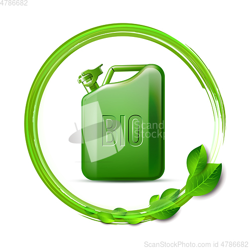 Image of Green canister with word BIO and green leaves isolated on white background