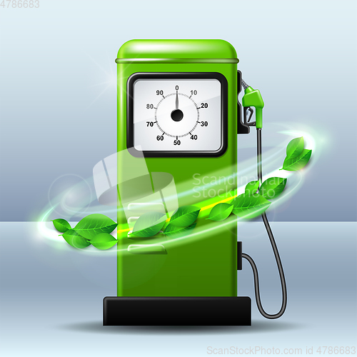 Image of Green bright Gas station pump with fuel nozzle of petrol pump. Biofuel concept