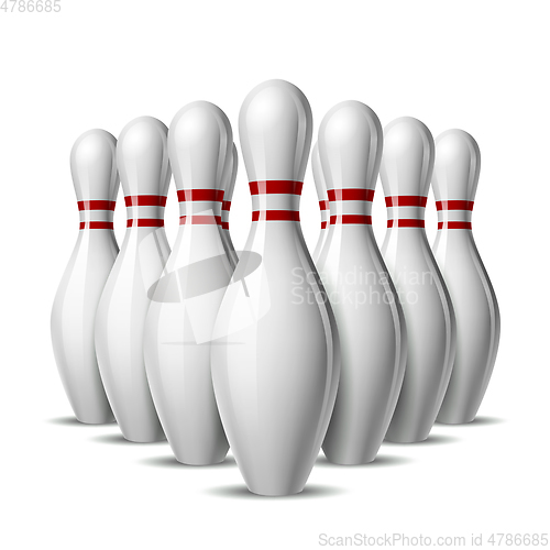 Image of Group of ten bowling pins. Skittles with red stripes for Sport competition or Activity and fun game.