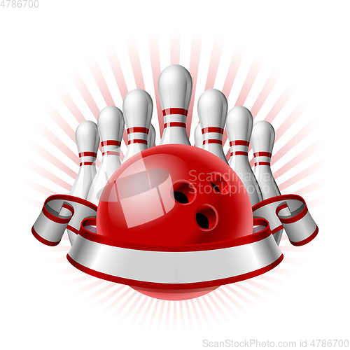 Image of Bowling sport emblem with red glossy ball, bowling pins and white ribbon for lettering.