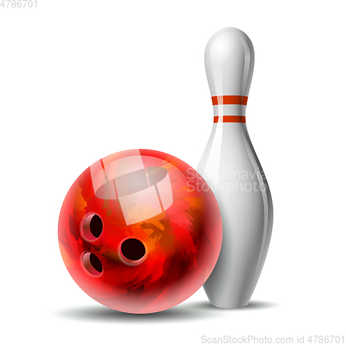 Image of Red glossy bowling ball and white bowling pin with red stripes.