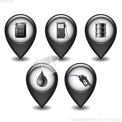 Image of Set of Black Glossy Style Map Pointers With oil industry icons.