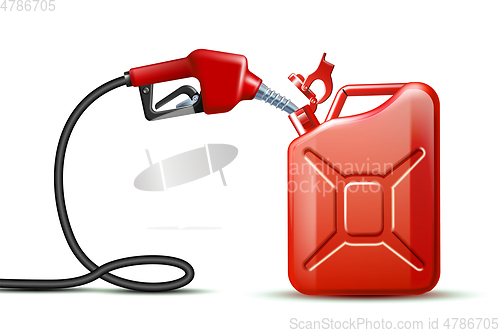 Image of Gas pump nozzle and Red Jerrycan Canister Gallon isolated on white background