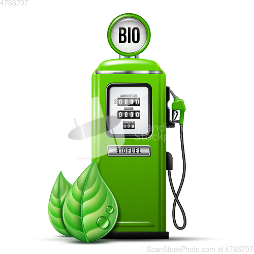 Image of Green bright Gas station pump with fuel nozzle of petrol pump. Biofuel concept