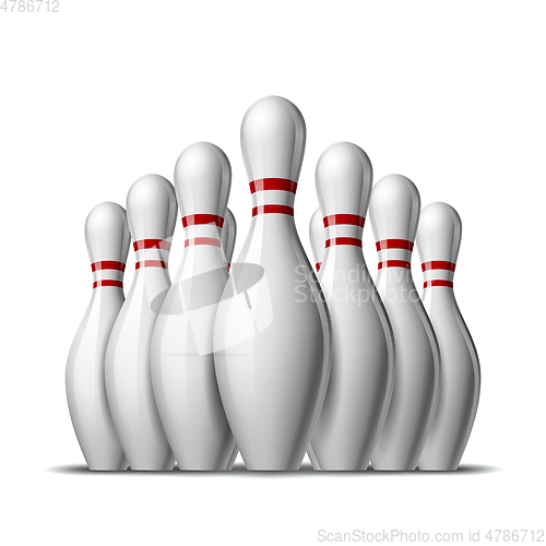 Image of Group of ten bowling pins. Skittles with red stripes for Sport competition or Activity and fun game.