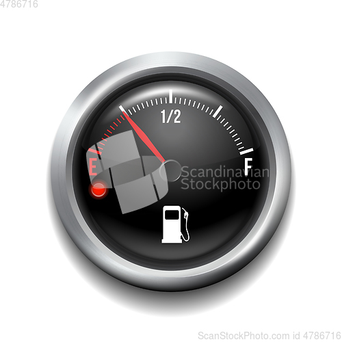 Image of Fuel gauge. Round white gauge with chrome frame.