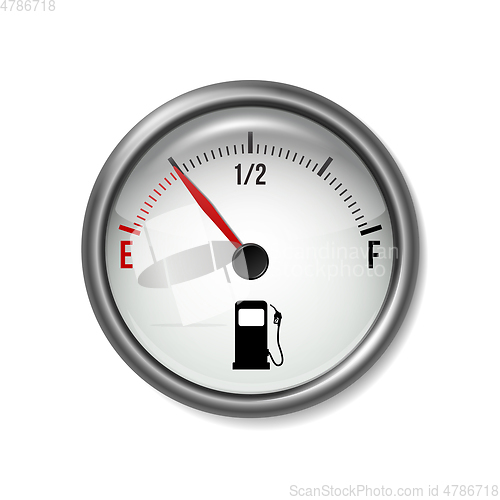 Image of Fuel gauge. Round white gauge with chrome frame.