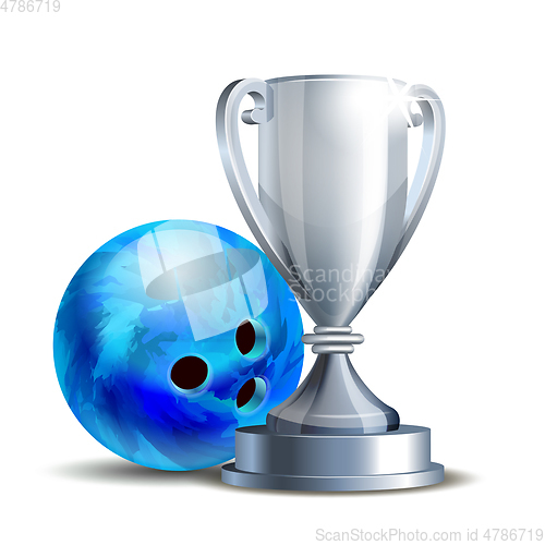 Image of Bowling Game Award. Blue Bowling Ball and Silver Cup.