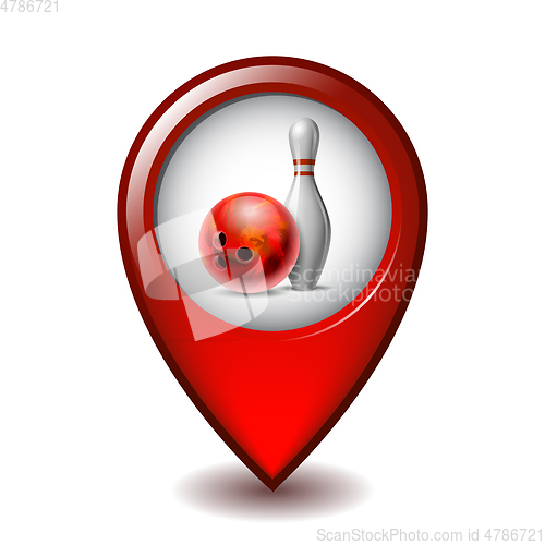 Image of Red glossy bowling ball and white bowling pin on Mapping Marker vector icon.