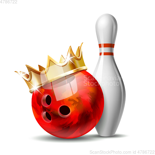 Image of Red glossy bowling ball with golden crown and white bowling pin with red stripes.