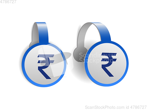 Image of Indian rupee symbol on Blue advertising wobblers.