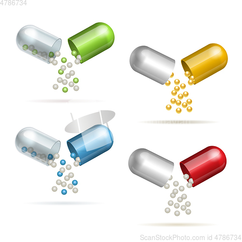 Image of Set of opening pills. Small balls pouring from an open medical capsules.