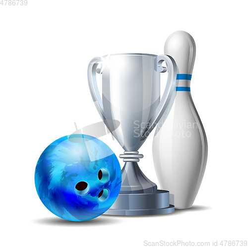 Image of Bowling Game Award. Blue Bowling Ball and Silver Cup.