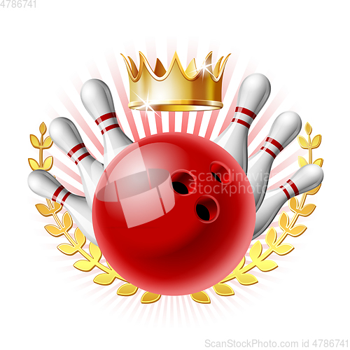 Image of Bowling sport emblem with red glossy ball, bowling pins and golden crown of winner.