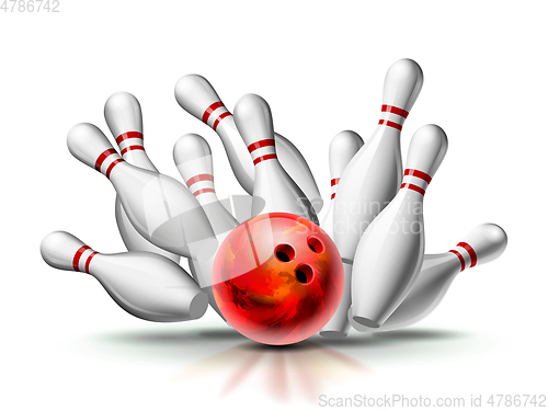 Image of Red Bowling Ball crashing into the pins. Illustration of bowling strike isolated on white background.