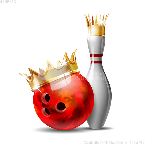 Image of Red glossy bowling ball with golden crown and white bowling pin with red stripes.