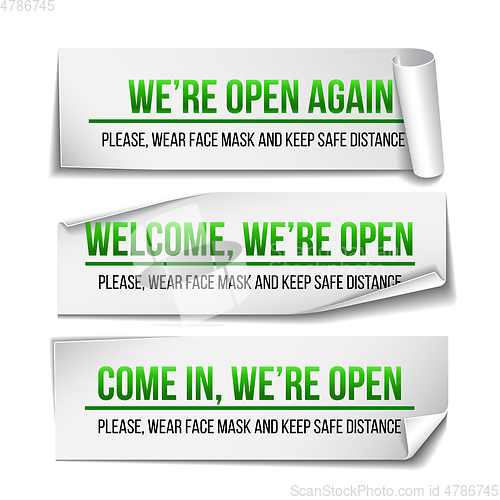 Image of Open sign on green label - welcome back. Set of Information sign for front the door about working again.