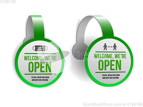 Image of Open sign on green label - welcome back. Set of Information sign for front the door about working again.