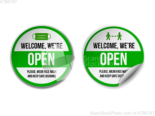 Image of Open sign on green label - welcome back. Set of Information sign for front the door about working again.