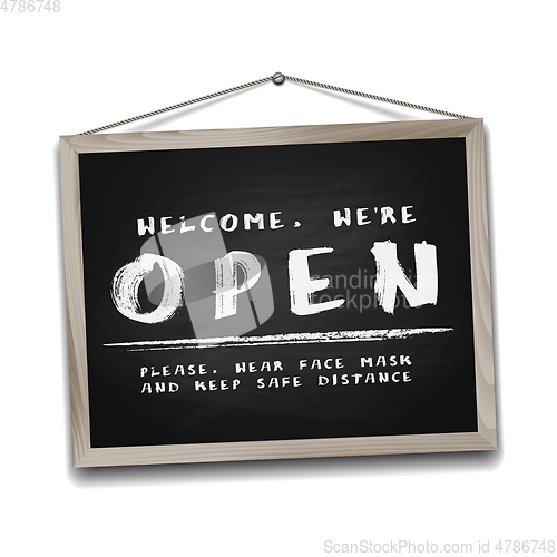 Image of Open sign on black chalkboard in wooden frame. Information sign for front the door about working again.