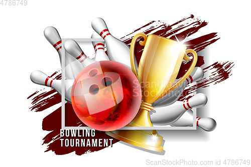 Image of Bowling Game Award. Bowling Ball with and white bowling pin and Golden Cup.