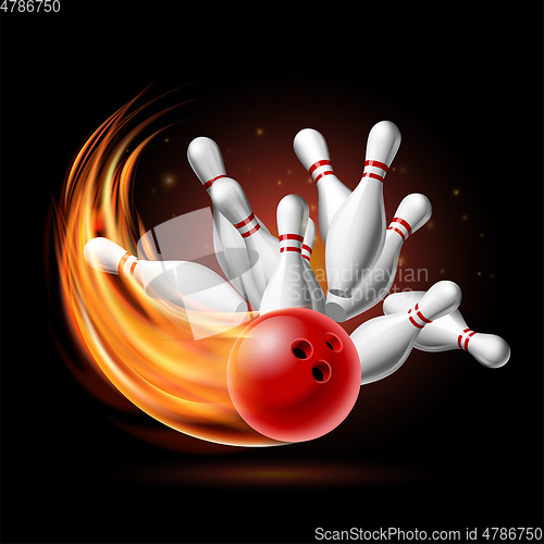 Image of Red Bowling Ball in Flames crashing into the pins on a Dark Background. Illustration of bowling strike.