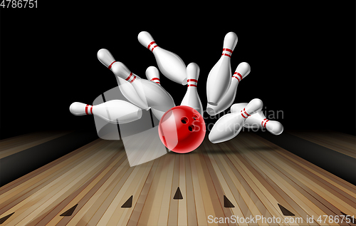 Image of Red Bowling Ball crashing into the pins on bowling alley line. Illustration of bowling strike