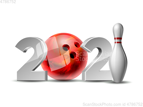 Image of New Year numbers 2021 with bowling ball and white bowling pin with red stripes.