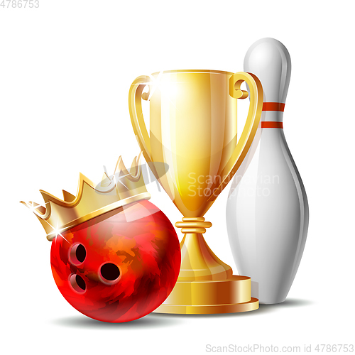 Image of Bowling Game Award. Bowling Ball with golden crown and Golden Cup