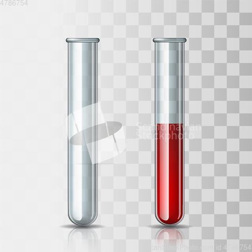 Image of Set of scientific or medical glassware - Empty transparent test tube and test tube filled with blood.