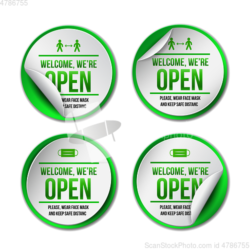 Image of Open sign on green label - welcome back. Set of Information sign for front the door about working again.