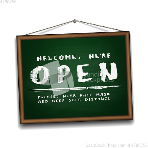 Image of Open sign on green chalkboard in wooden frame. Information sign for front the door about working again.