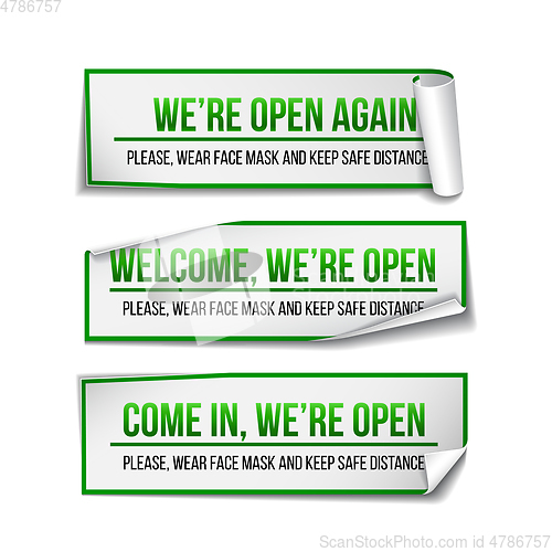 Image of Open sign on green label - welcome back. Set of Information sign for front the door about working again.