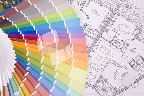 Image of colorful palette over a blueprint