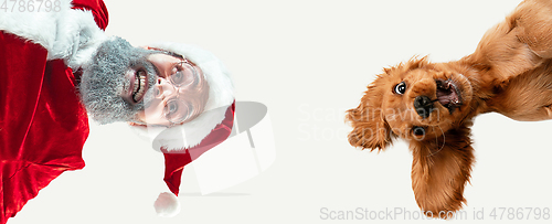 Image of Happy Christmas Santa Claus with little doggy on studio background