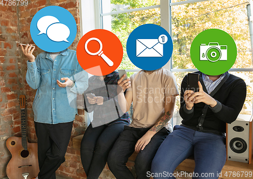 Image of Creative millenial people connecting and sharing social media. Modern UI icons as heads