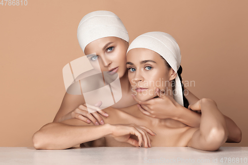 Image of Portrait of beautiful young women isolated on brown studio background