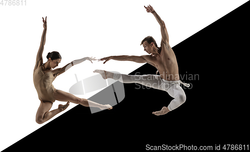 Image of Modern ballet dancers. Contemporary art ballet, black and white