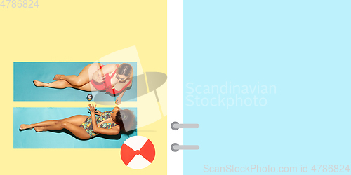 Image of Top view of young caucasian model\'s resting on beach resort